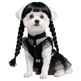 3pcs Dog Costume for Medium Dogs Puppy Clothes with Wig and Belt Black Pet Dog Dress Outfit for Dogs Cats Cosplay Halloween Birthday Party AN002M