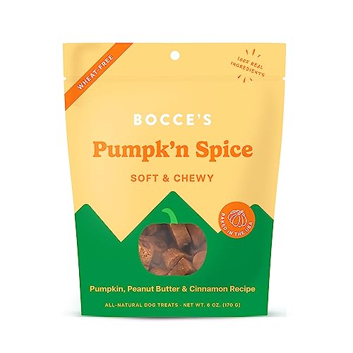 Bocce's Bakery Pumpk'n Spice Treats for Dogs, Wheat-Free Everyday Dog Treats, Made with Real Ingredients, Baked in The USA, All-Natural Soft & Chewy Cookies, Pumpkin, Peanut Butter, & Cinnamon, 6 oz Bocce's Bakery Pumpk'n Spice Treats for Dogs, Wheat-Free Everyday Dog Treats, Made with Real Ingredients, Baked in The USA, All-Natural Soft & Chewy Cookies, Pumpkin, Peanut Butter, & Cinnamon, 6 oz