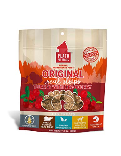 PLATO Turkey Real Strips Natural Dog Treats - Real Meat - Air Dried - Made in the USA - Turkey & Cranberry, 3 ounces