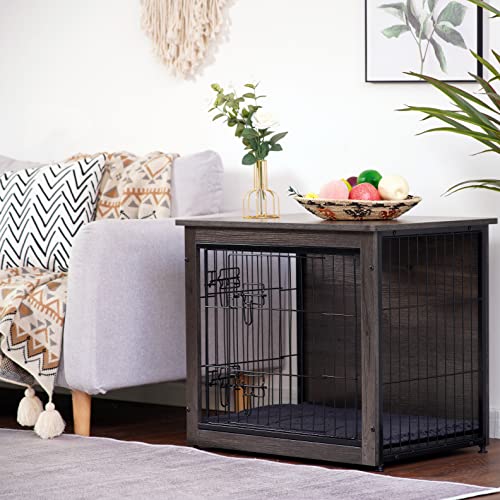 DWANTON Dog Crate Furniture with Cushion, Wooden Kennel Table with Double Doors, Indoor Dog House, Small/Medium/Large/Extra Large Size, 27.2" L, Dark Gray DWANTON Dog Crate Furniture with Cushion, Wooden Kennel Table with Double Doors, Indoor Dog House, Small/Medium/Large/Extra Large Size, 27.2" L, Dark Gray