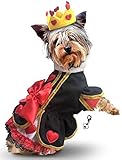 Queen of Hearts Costume Dress with Charm and Heart Crown Headpiece – for Dogs – Sizes XS Thru L (S – Chest 12-14”, Neck 7-8.5”, Back 9.25”, Red/Black)