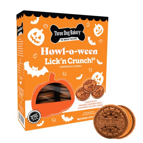 Three Dog Bakery Lick'n Crunch! Howl-o-ween Sandwich Cookies, Carob and Orange Pumpkin Spice Crème Flavor, Premium Treats for Dogs, 13 Ounces Each Three Dog Bakery Lick'n Crunch! Howl-o-ween Sandwich Cookies, Carob and Orange Pumpkin Spice Crème Flavor, Premium Treats for Dogs, 13 Ounces Each